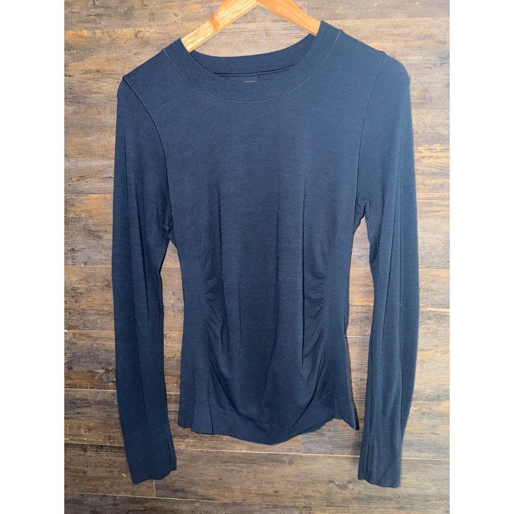 Athleta Navy Blue Merino Wool Blend Ruched Long Sleeve Top Thumbholes Large